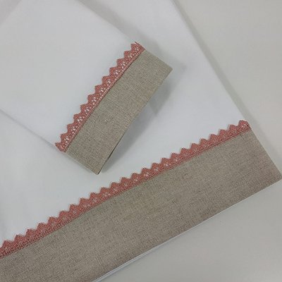 Sábana encimera con cenefa en lino y puntilla en rosa palo varias medidas